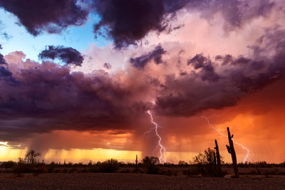 Scenic view of landscape against storm clouds against sky during sunset