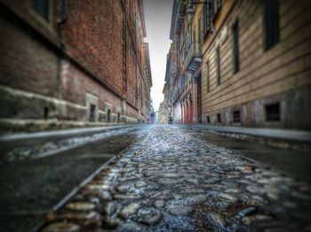 Surface level of road along buildings