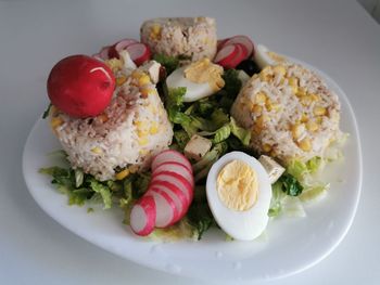 High angle view of food served in plate