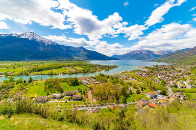 Photo of lake como, from church of san miro, gera lario. towns and mountains of lake and mera river.