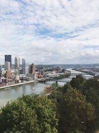 View of calm river with cityscape in background