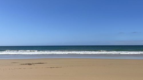 Scenic view of beach against clear blue sky