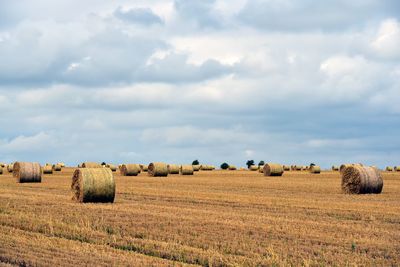 Hay bales on field against sky