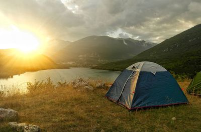 Tent on mountain against sky