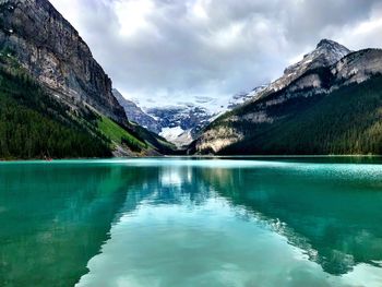 Scenic view of lake and mountains against sky