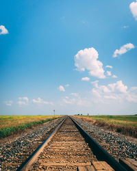 View of railroad tracks on field against sky