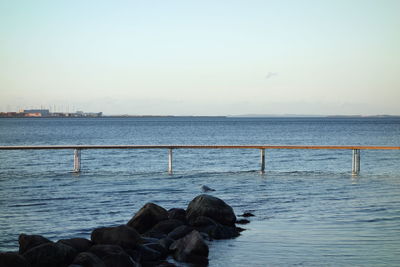 Wooden posts in sea against clear sky