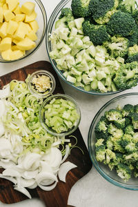 High angle view of chopped vegetables in bowl on table