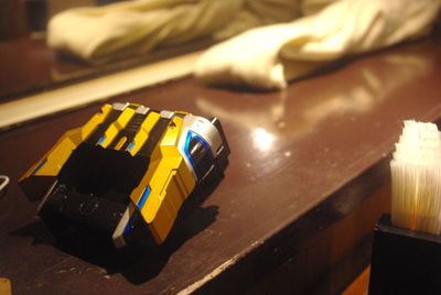 High angle view of toy car on table