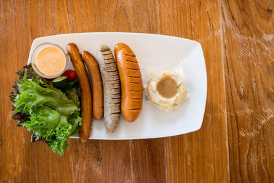 High angle view of breakfast served on table