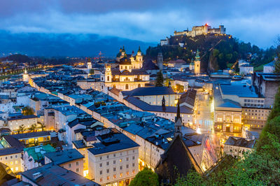 High angle view of illuminated buildings in city at dusk