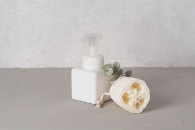 Spa cosmetic product and eco friendly bathroom accessorie with eucalyptus on gray texture background