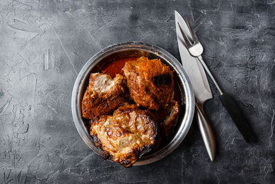 High angle view of food in bowl on table