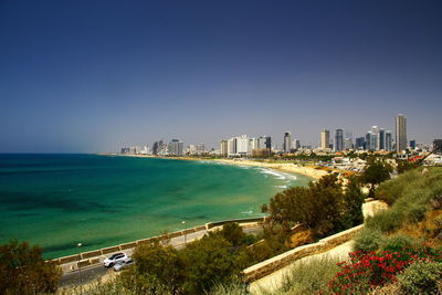 High angle view of city at seaside