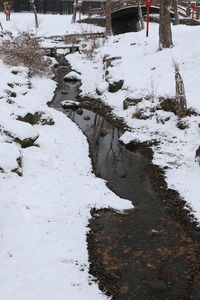 High angle view of snow covered land on field