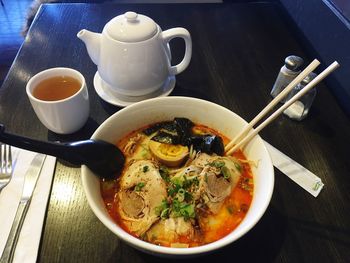 High angle view of soup in bowl on table