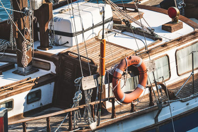 High angle view of boat moored at harbor