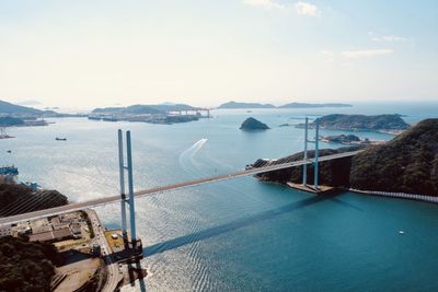 High angle view of boats in sea against sky