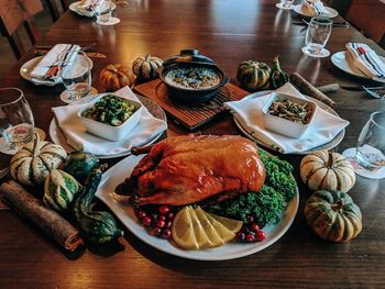 High angle view of food served on table