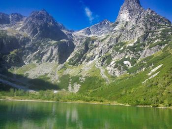 Scenic view of lake and mountains against sky