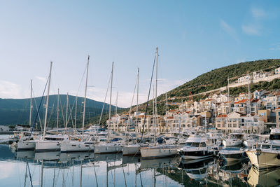 Boats moored at harbor