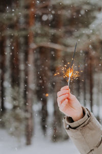 Hand holds a sparkler on the background of a winter forest, during a snowfall.