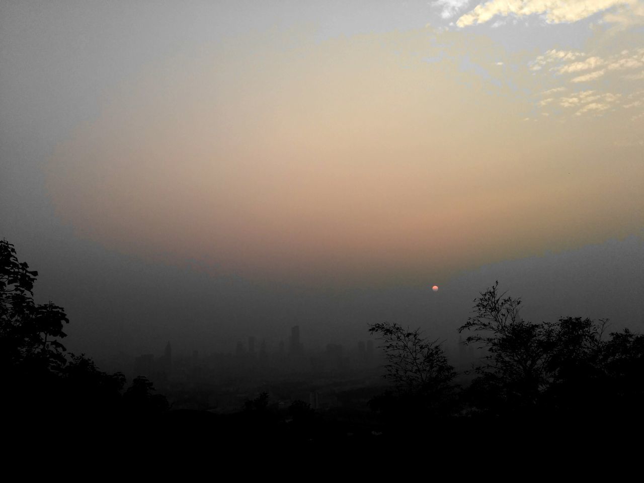 sunset, scenics, tranquil scene, tranquility, silhouette, beauty in nature, sky, tree, fog, nature, idyllic, landscape, cloud - sky, foggy, weather, dusk, orange color, outdoors, non-urban scene, no people