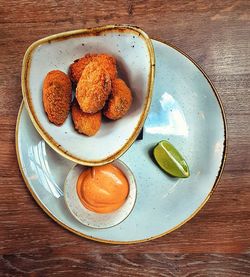 High angle view of breakfast served on table