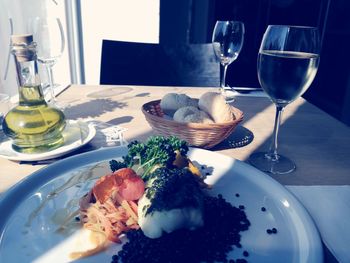 Close-up of food served on table