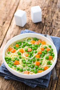 High angle view of soup in bowl on table