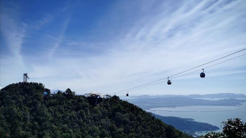 Low angle view of overhead cable car against sky