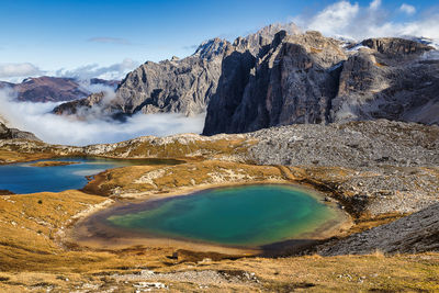 Scenic view of lake and mountains against sky