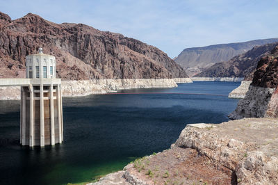 View of the pen stock towers over lake mead at hoover dam, between arizona and nevada states, usa.