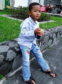 Portrait of boy standing on grass