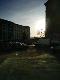 View of city street at sunset