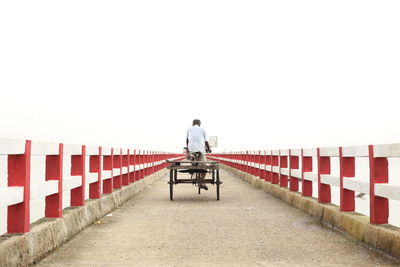 Rear view of man walking on bridge against clear sky