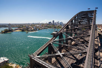 High angle view of bridge and buildings against sky