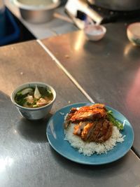 High angle view of food in plate on table