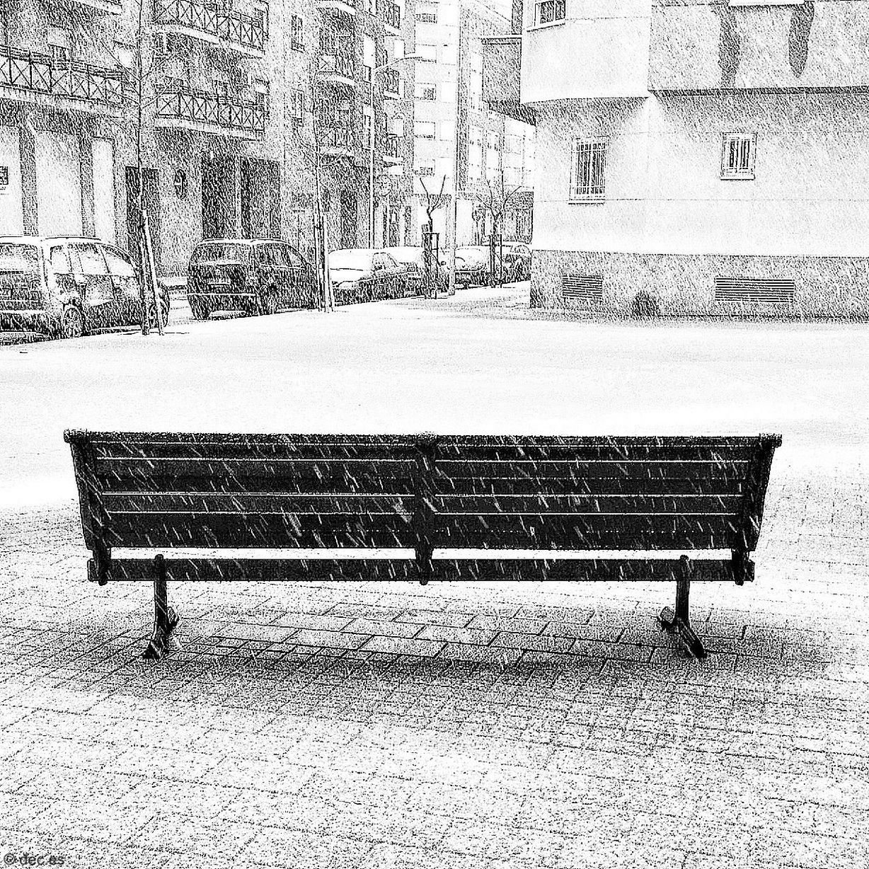 bench, empty, chair, absence, seat, season, built structure, day, architecture, wall - building feature, park bench, window, no people, building exterior, outdoors, table, weather, winter, house, wall