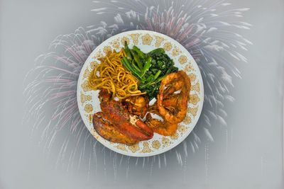 High angle view of noodles in bowl on table
