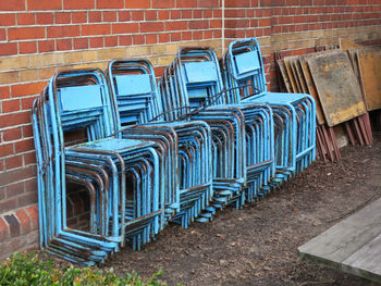 Stacked blue chairs