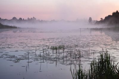 Scenic view of calm lake during foggy weather