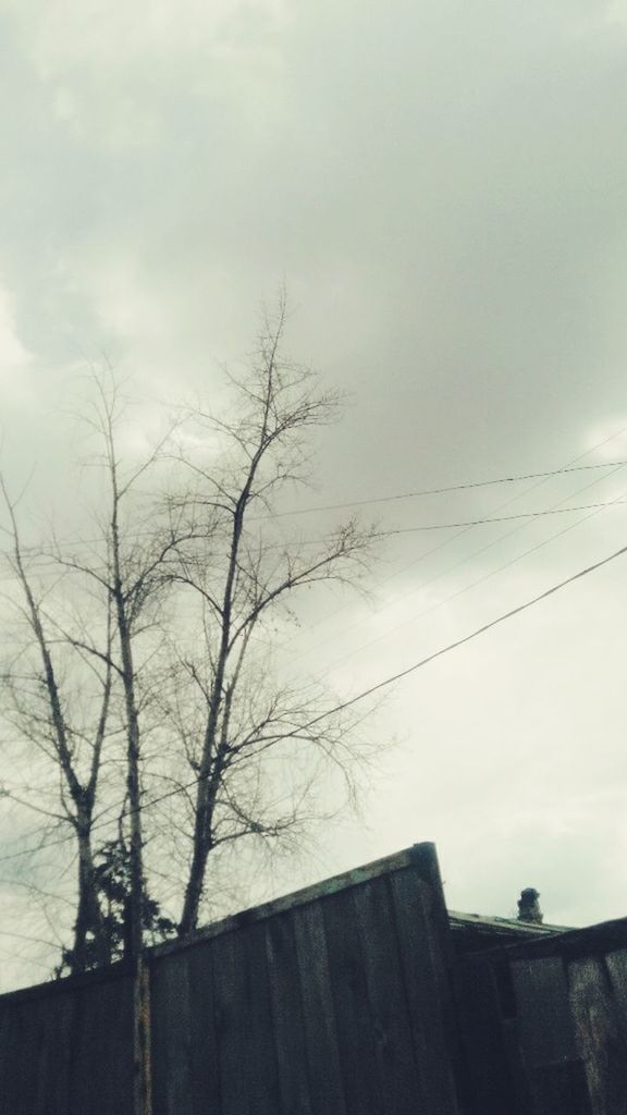 low angle view, sky, bare tree, built structure, architecture, cloud - sky, tree, building exterior, branch, cloudy, silhouette, cloud, nature, outdoors, no people, house, day, high section, power line, roof