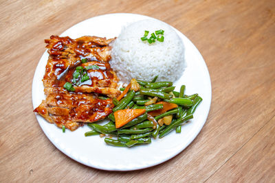 High angle view of food in plate on table