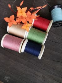 High angle view of various flowers on table