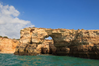 Rock formations by sea against blue sky