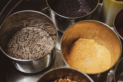 High angle view of spices in container