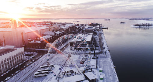 High angle view of cityscape against sky during sunset