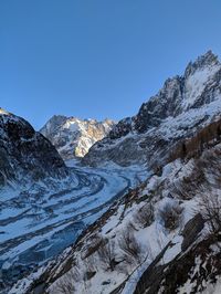 Scenic view of snowcapped mountains against clear blue sky