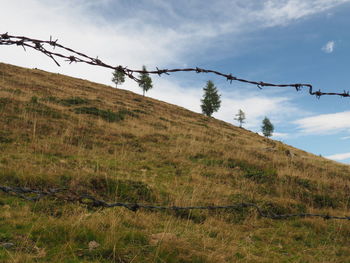 Barbed wire fence on field against sky